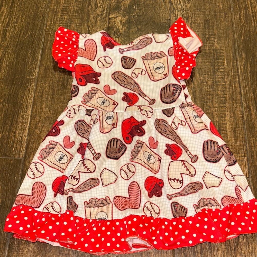 Red and White Kids Dress with Sports baseball Print - Picture 5 of 5